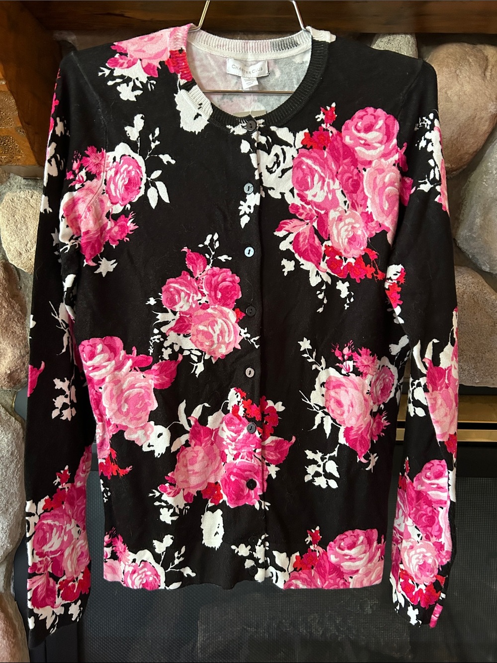 Charter Club Women's Floral Button-Up Cardigan with Pink Roses, Size S, NWT
